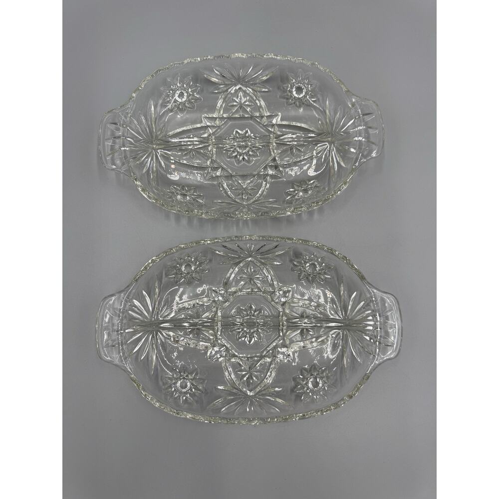Vintage‎ Anchor Hocking Pressed Glass Relish Dish Set Of 2